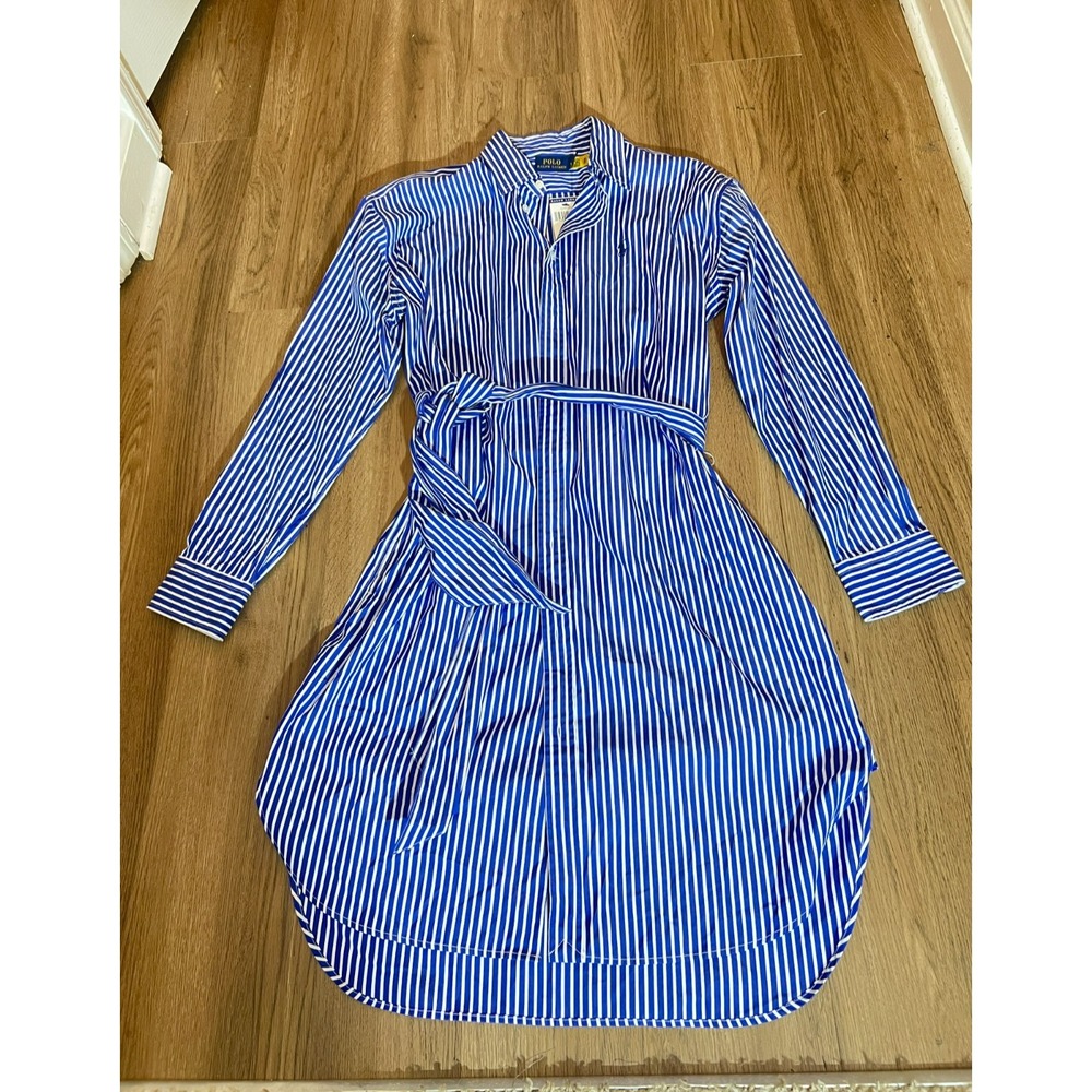 NWT Polo Ralph Lauren Shirt Dress 10 Blue White Stripe Belted Preppy Cotton